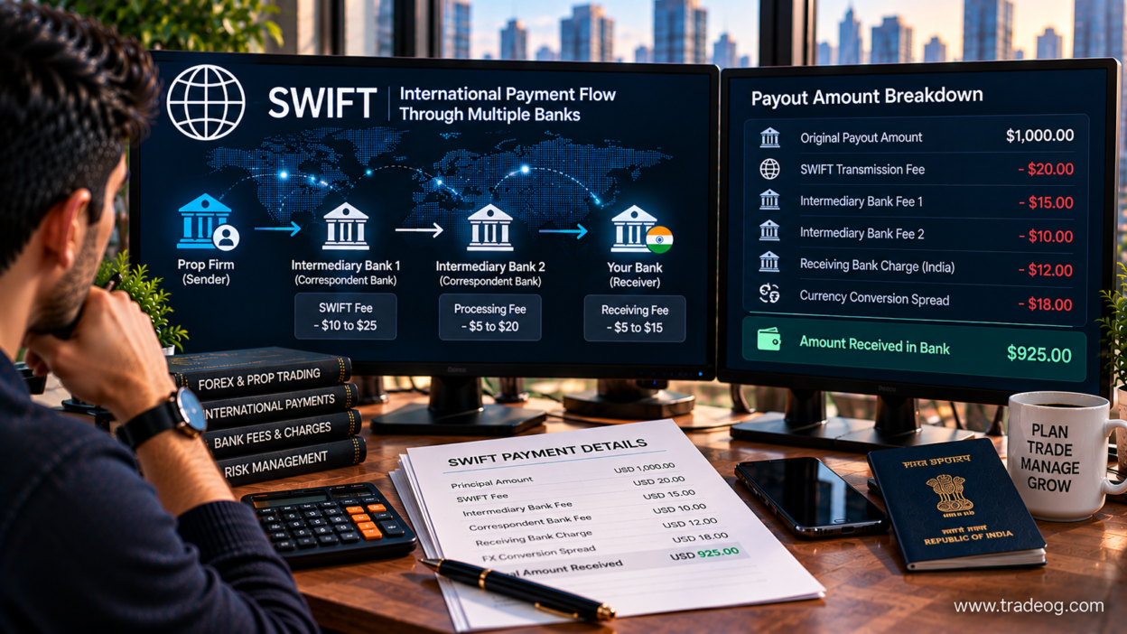 Trader reviewing SWIFT charges, intermediary bank fees and the final amount received from an international trading payout