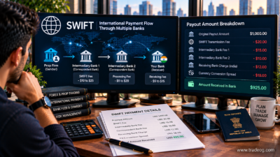 Trader reviewing SWIFT charges, intermediary bank fees and the final amount received from an international trading payout