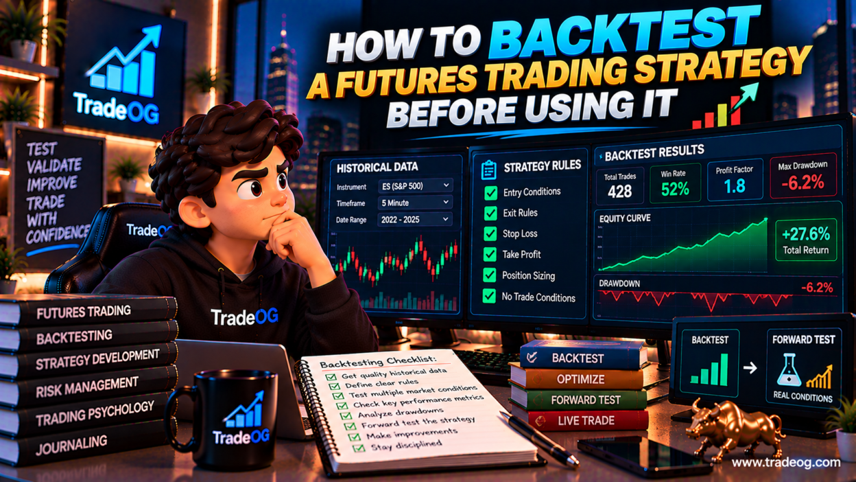 3D illustration showing how to backtest a futures trading strategy using historical data, rules and performance metrics