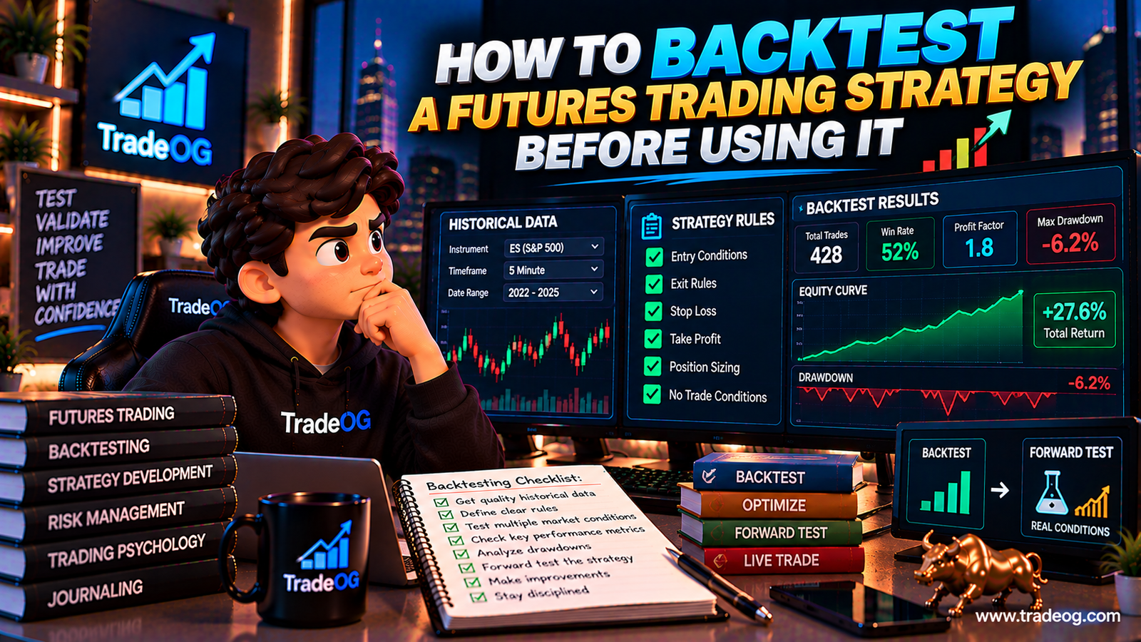 3D illustration showing how to backtest a futures trading strategy using historical data, rules and performance metrics