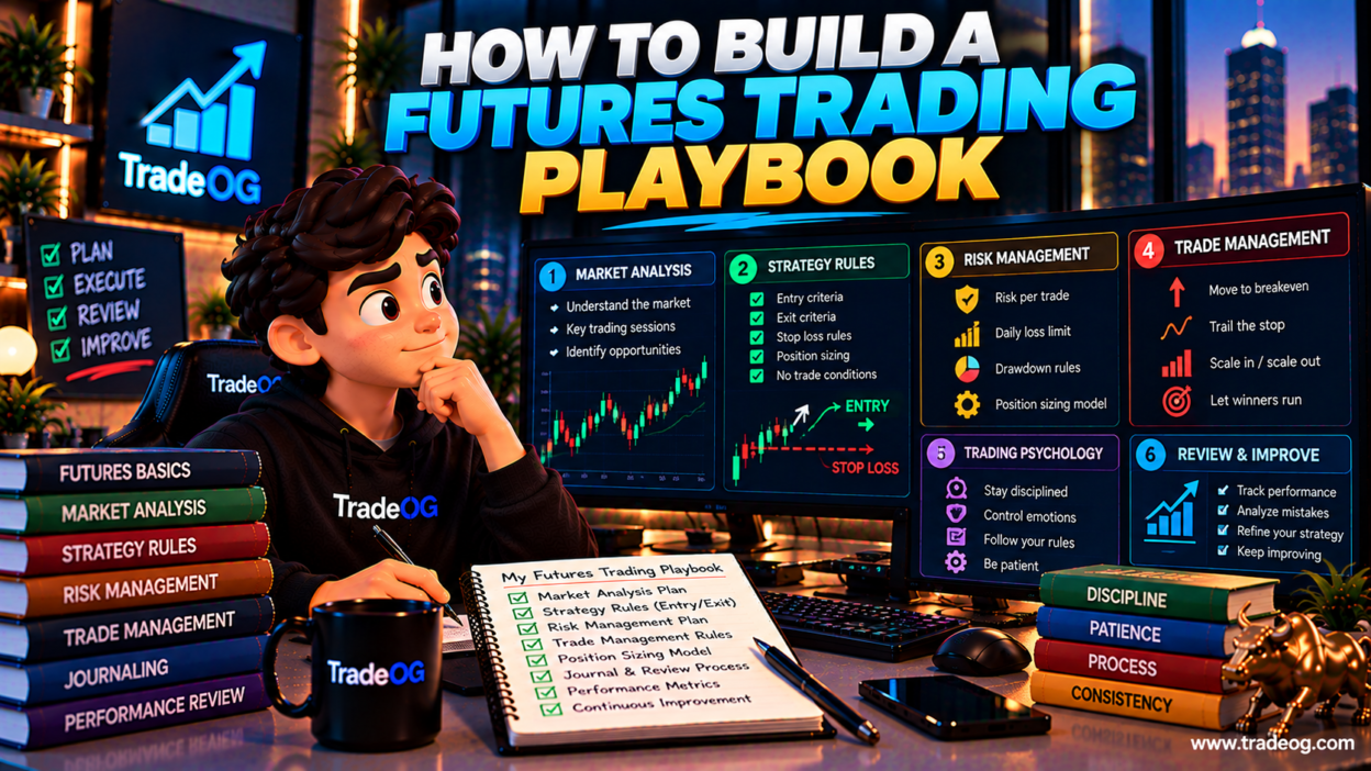 3D illustration showing how to build a futures trading playbook with strategy rules, risk management and trade review
