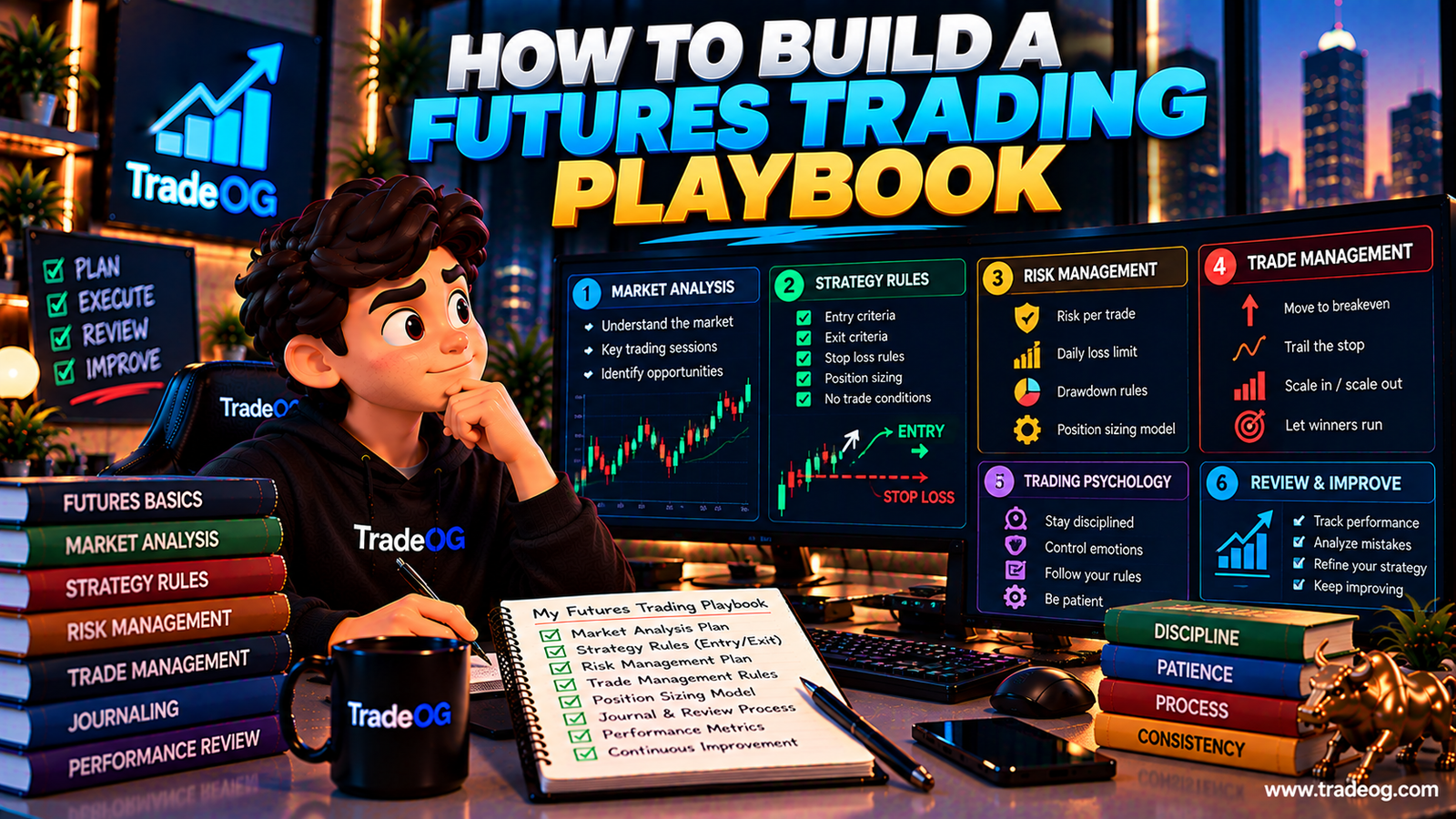 3D illustration showing how to build a futures trading playbook with strategy rules, risk management and trade review