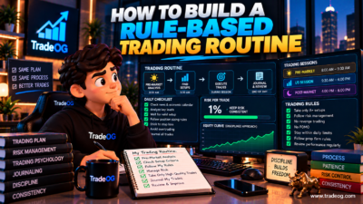 3D illustration showing a rule-based trading routine with pre-market analysis, risk management, execution and journaling