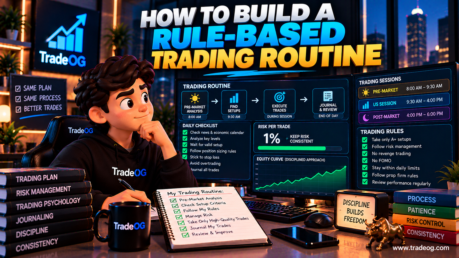 3D illustration showing a rule-based trading routine with pre-market analysis, risk management, execution and journaling