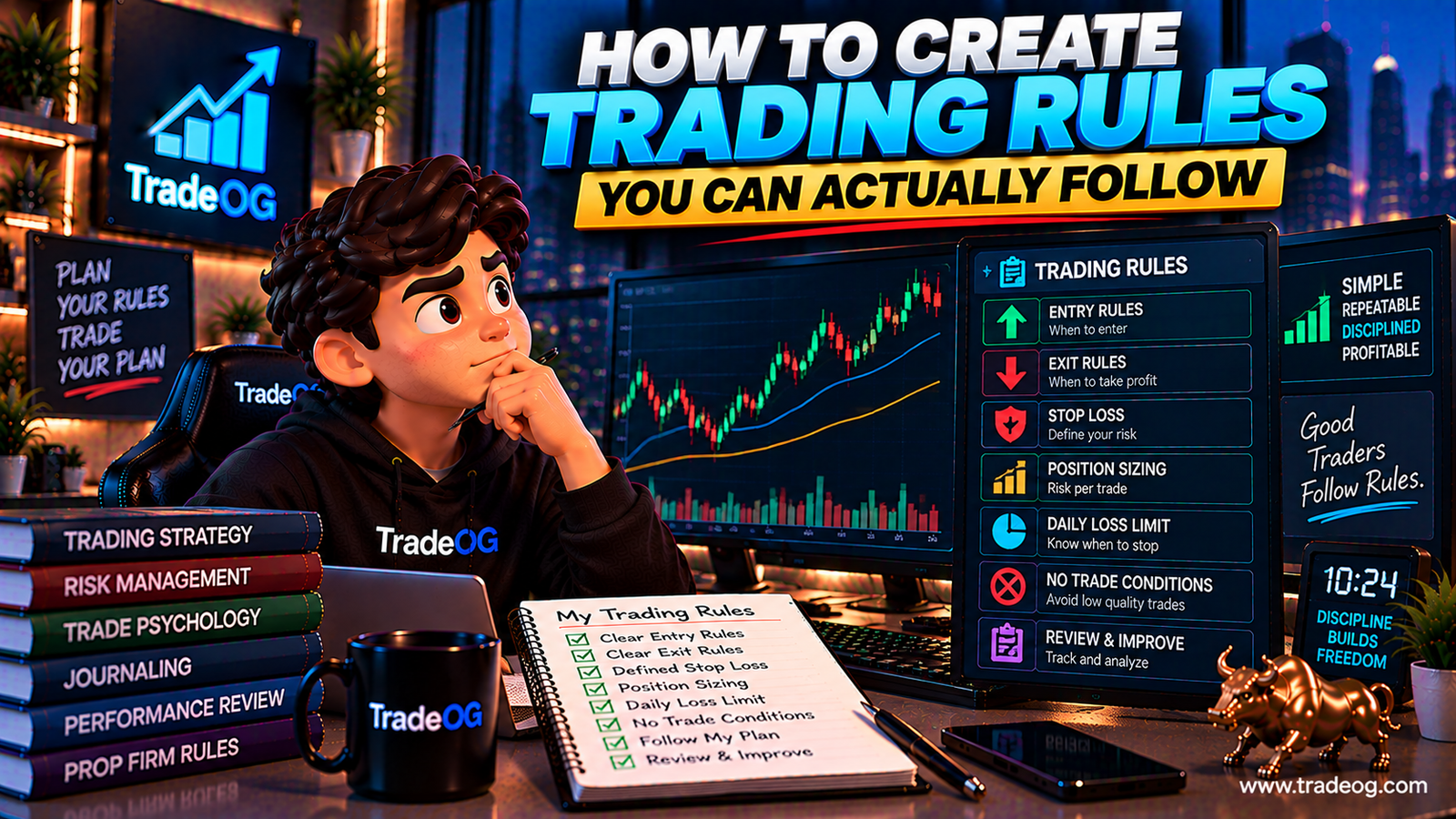 3D illustration showing how to create practical trading rules for entry, exit, risk management and discipline