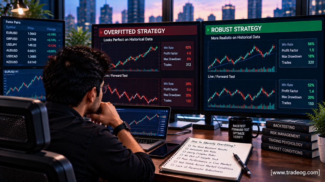 Trader comparing an overfitted trading strategy backtest with a more robust forward-tested strategy