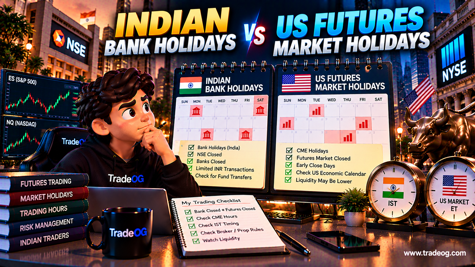 3D illustration comparing Indian bank holidays with US futures market holidays for Indian traders