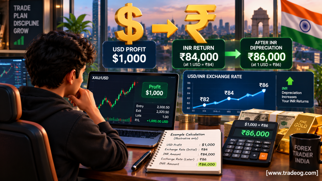 Indian trader calculating real return after INR depreciation using USD profit and USD to INR exchange rate