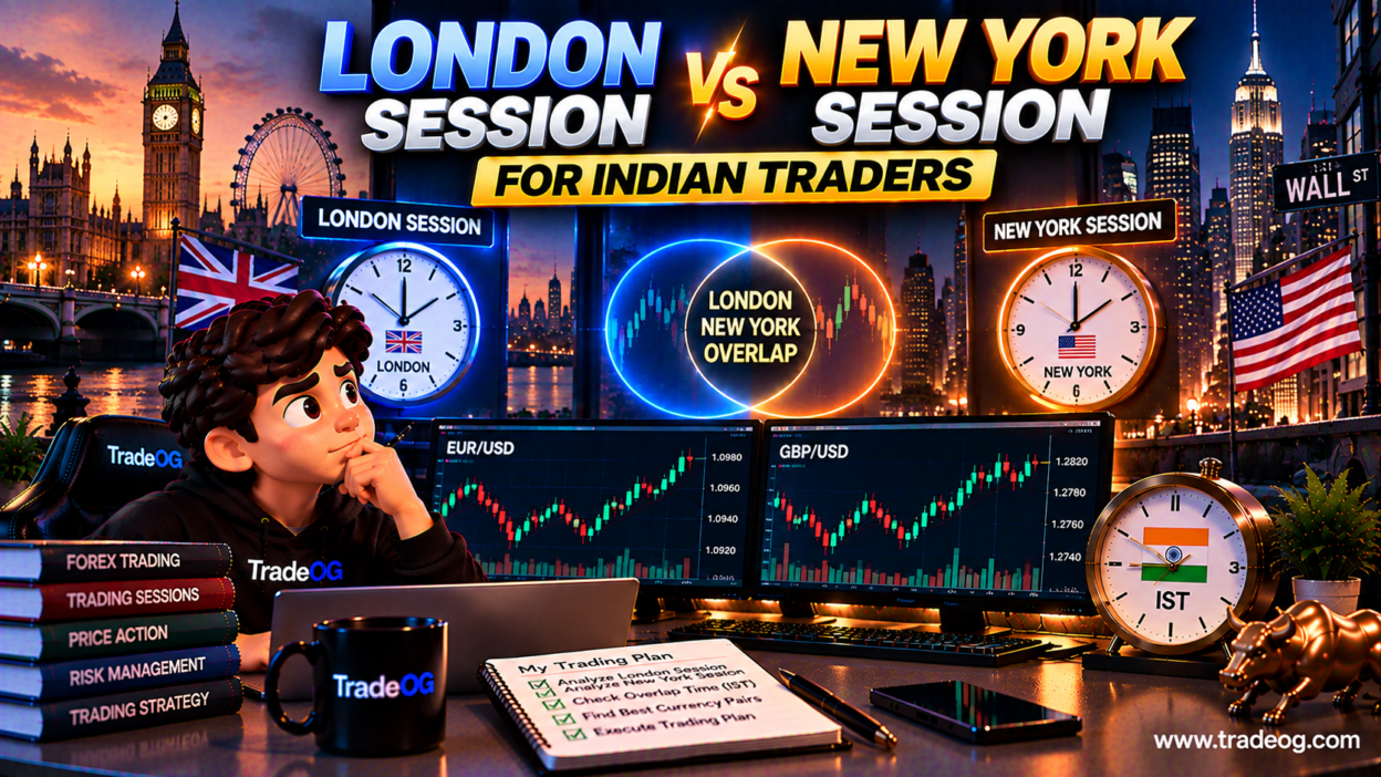 3D illustration comparing the London and New York forex sessions for Indian traders with the London New York overlap in IST