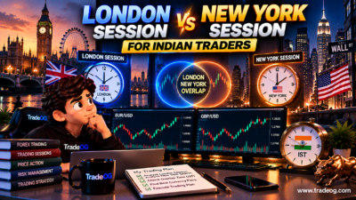 3D illustration comparing the London and New York forex sessions for Indian traders with the London New York overlap in IST