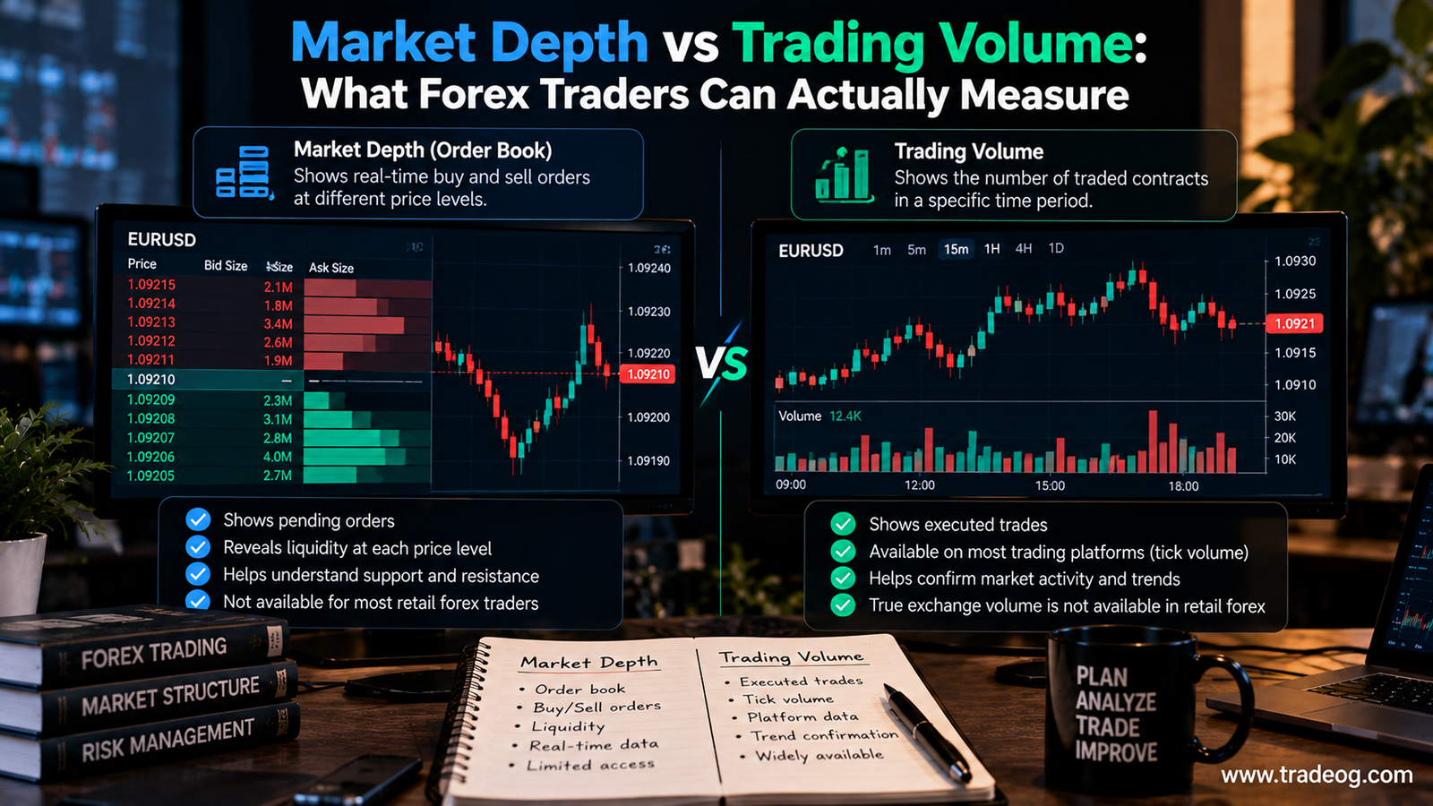 Forex infographic comparing market depth order book liquidity with trading volume bars and tick volume data