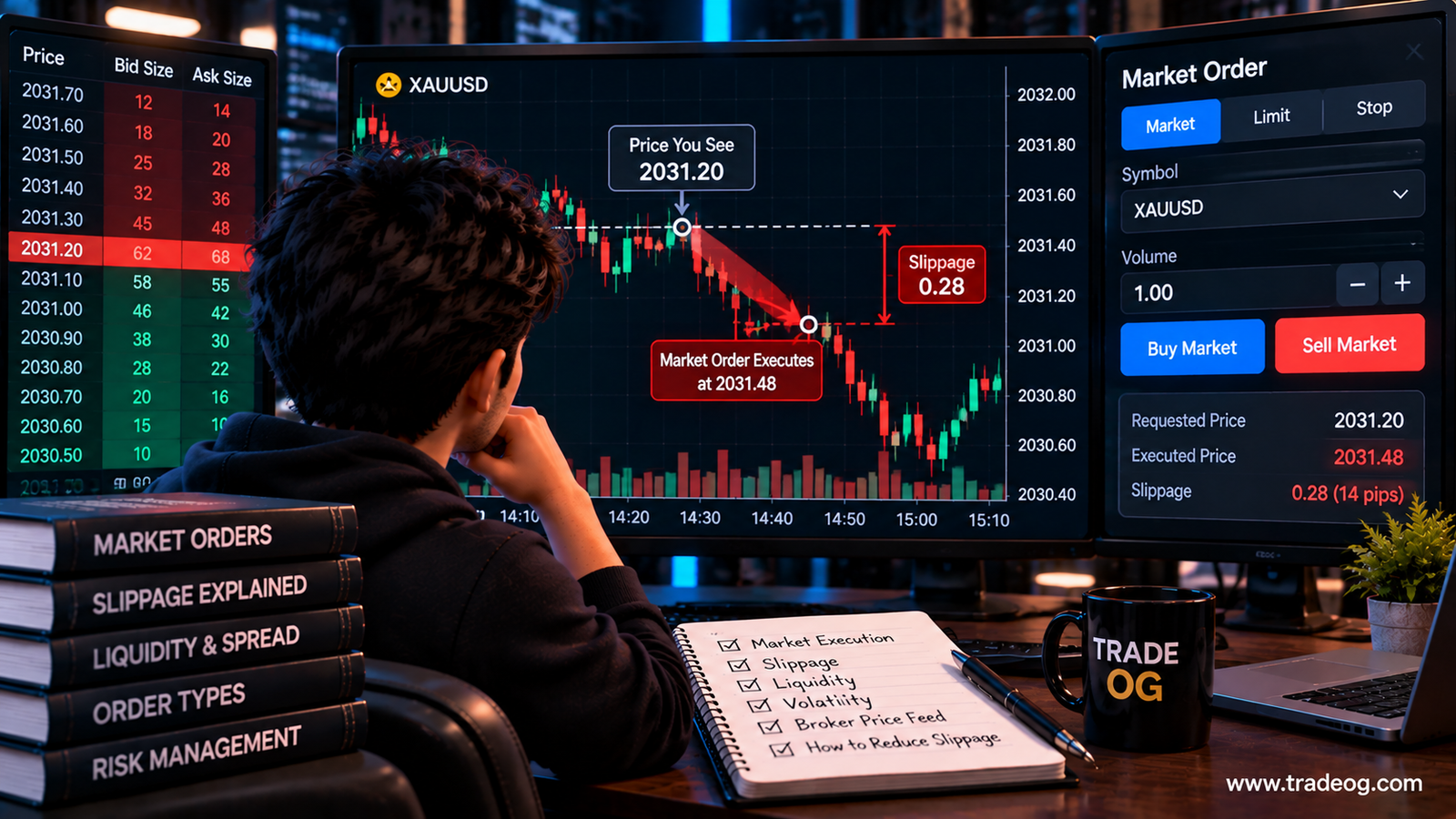 Trader seeing one market price while a market order fills at a different price because of slippage, liquidity and rapid price movement