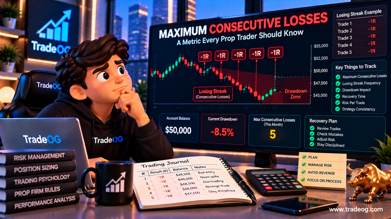 3D illustration showing maximum consecutive losses, losing streaks and drawdown for prop traders