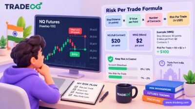 3D pastel illustration showing NQ futures prop trading risk per trade for Indian traders