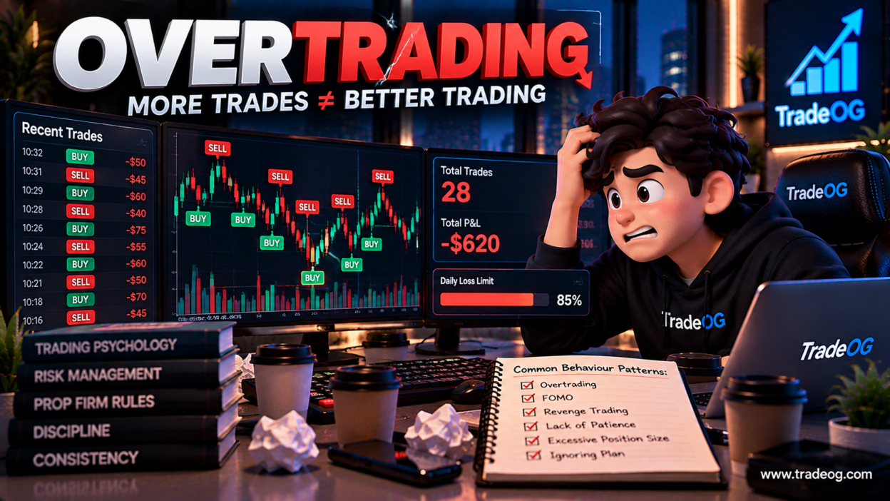 3D illustration showing overtrading in prop firm challenges and common trader behaviour patterns