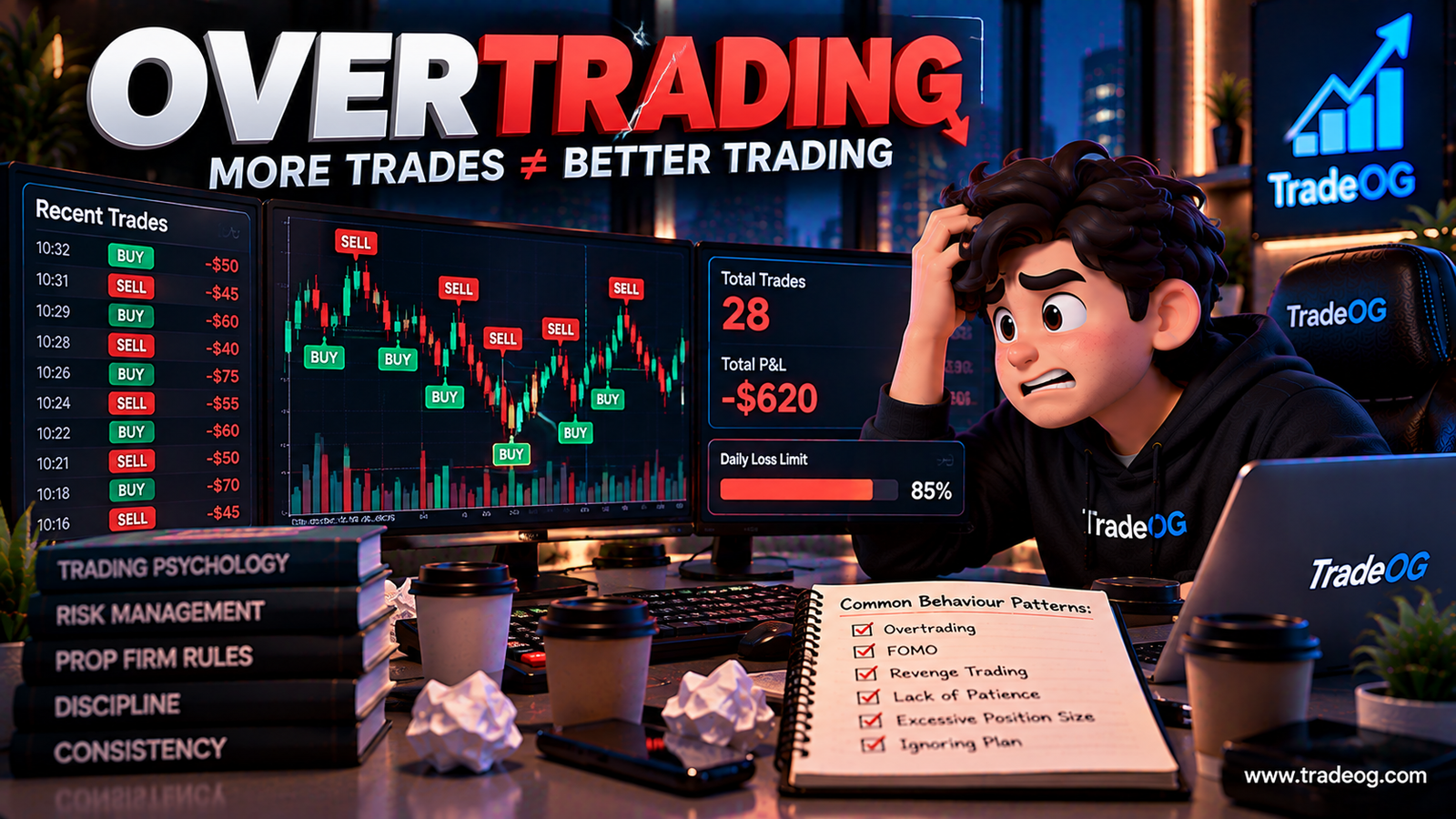 3D illustration showing overtrading in prop firm challenges and common trader behaviour patterns