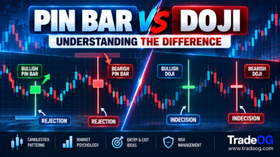 Pin Bar vs Doji candlestick patterns showing rejection versus indecision