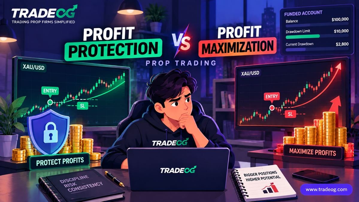Profit protection vs profit maximization in prop trading showing risk management and profit growth