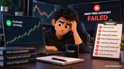 A profitable trading strategy failing a prop firm account because of drawdown limits, daily loss rules and trading restrictions