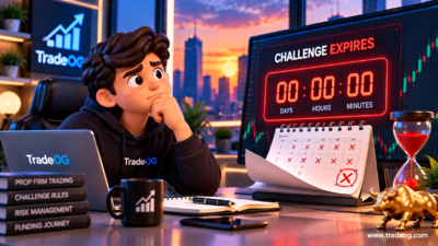 3D illustration showing a prop firm challenge expiration countdown and trader watching the deadline