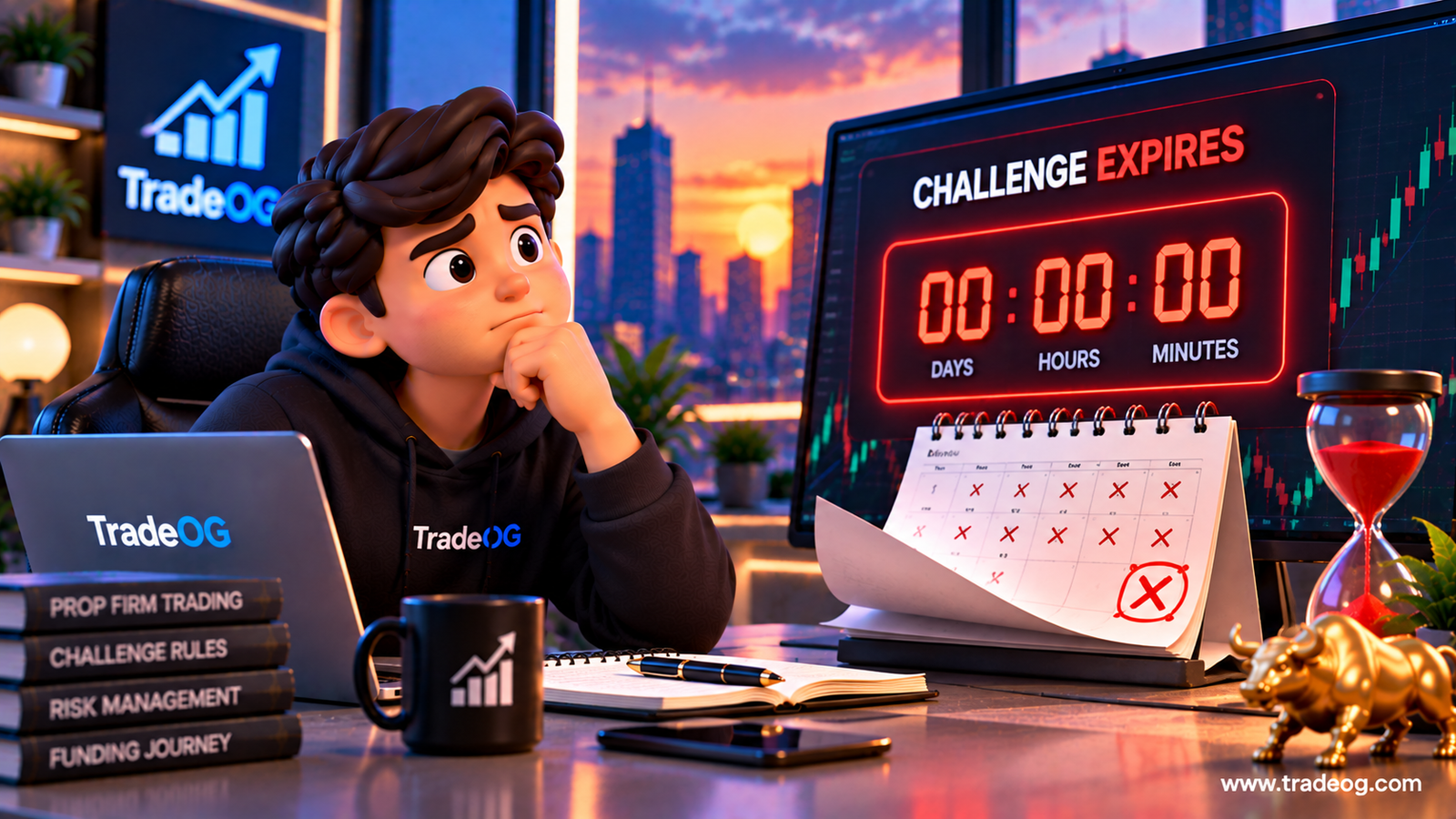 3D illustration showing a prop firm challenge expiration countdown and trader watching the deadline