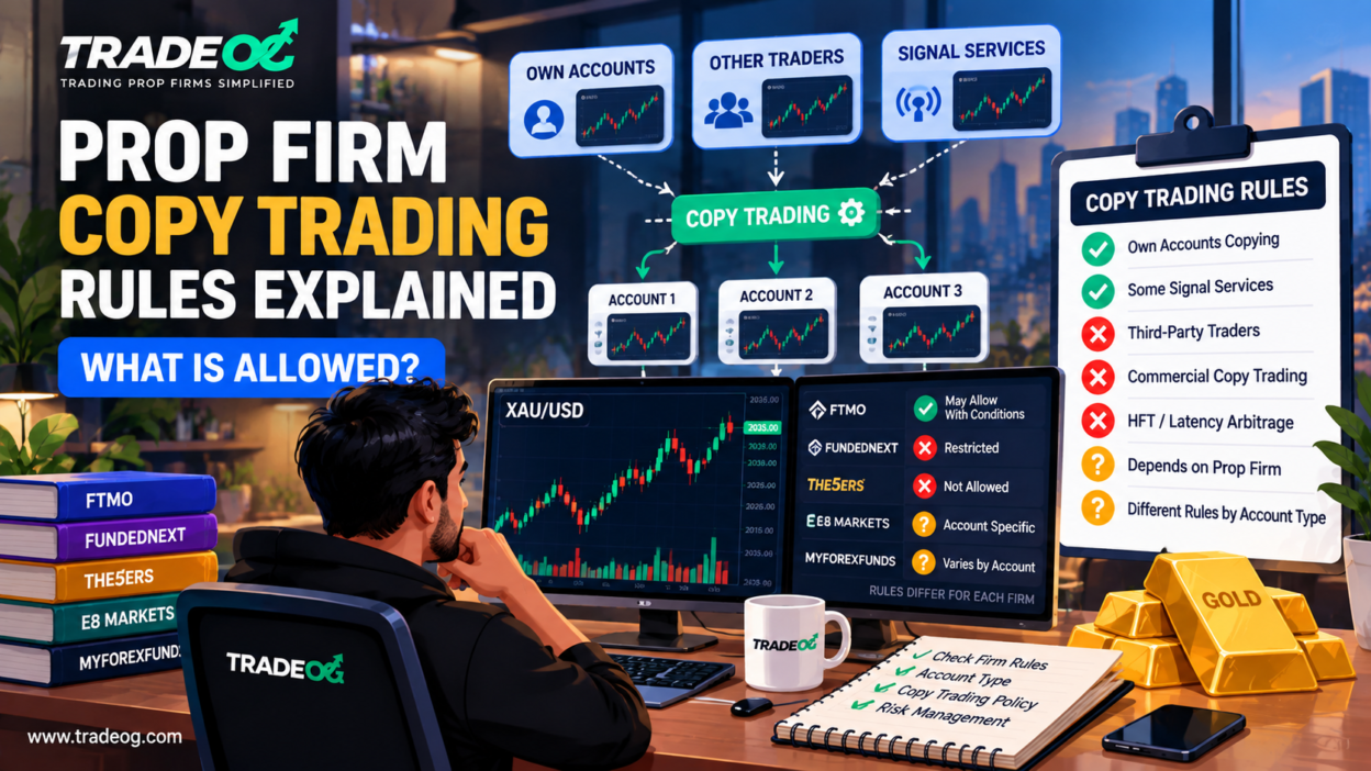 Prop firm copy trading rules explained with own accounts, third-party traders, signals and XAUUSD