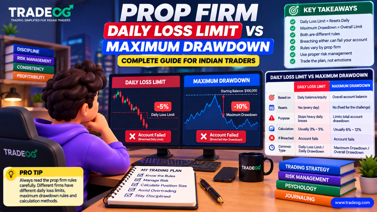 3D TradeOG infographic comparing prop firm daily loss limit and maximum drawdown
