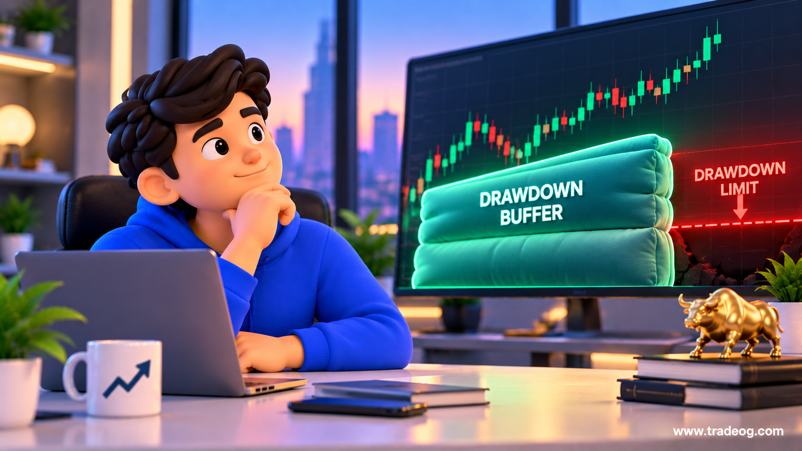 3D illustration showing a prop firm trader protecting a drawdown buffer above a drawdown limit