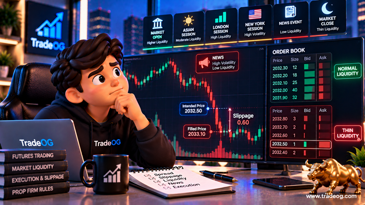 3D illustration showing prop firm liquidity, order book depth, slippage and poor trade execution