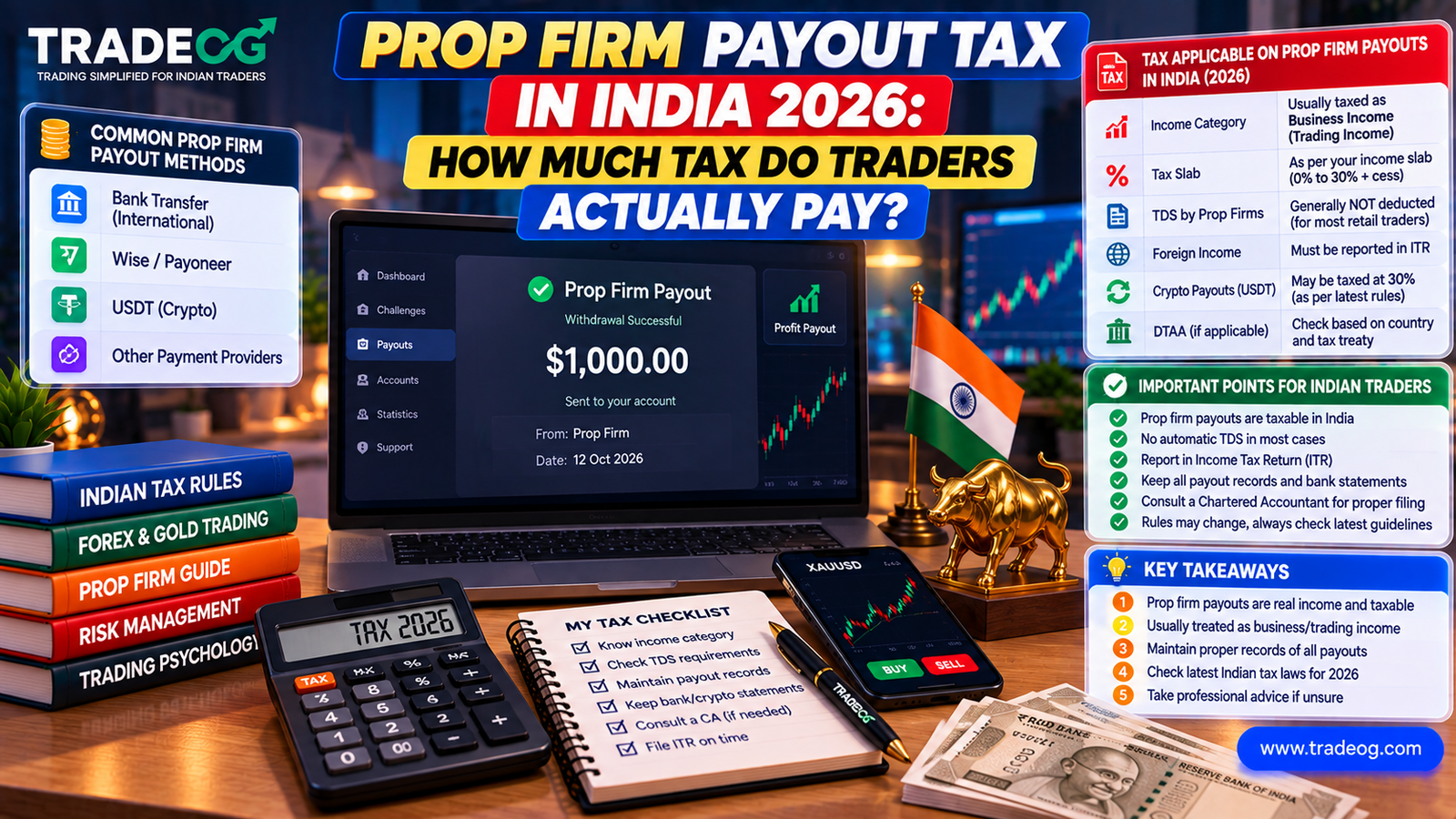 Prop firm payout tax in India 2026 explained by TradeOG