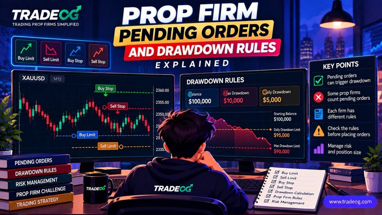 Vector trading illustration showing pending orders and prop firm drawdown rules on an XAUUSD chart