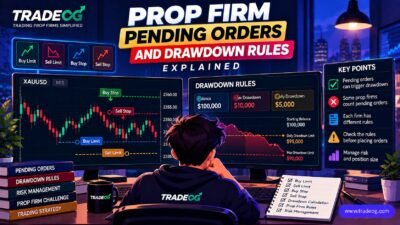 Vector trading illustration showing pending orders and prop firm drawdown rules on an XAUUSD chart