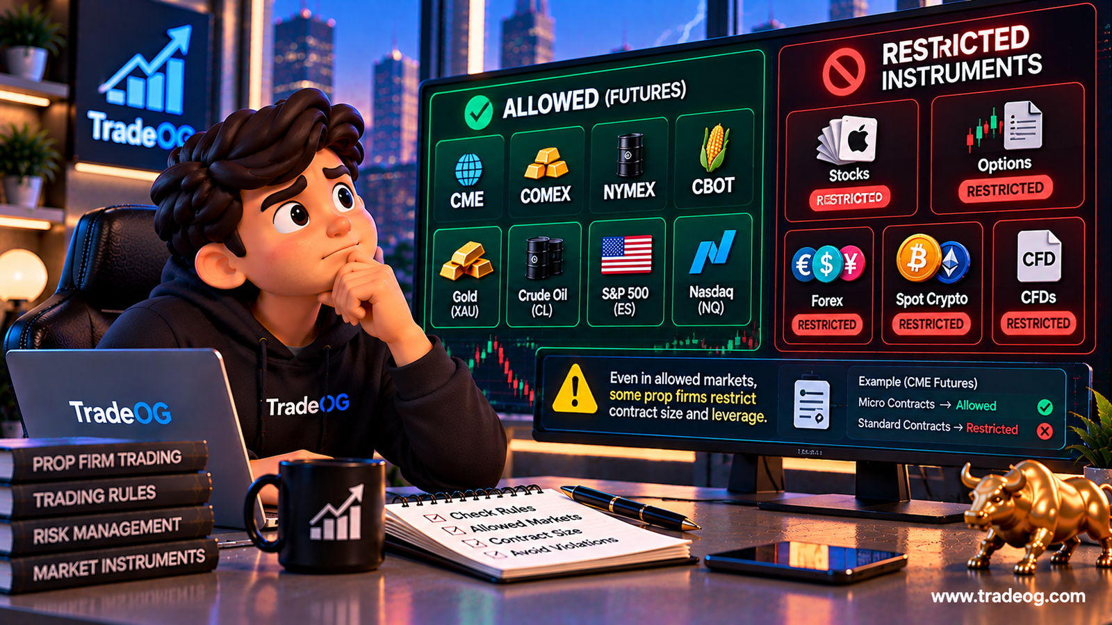 3D illustration showing allowed and restricted trading instruments for prop firms