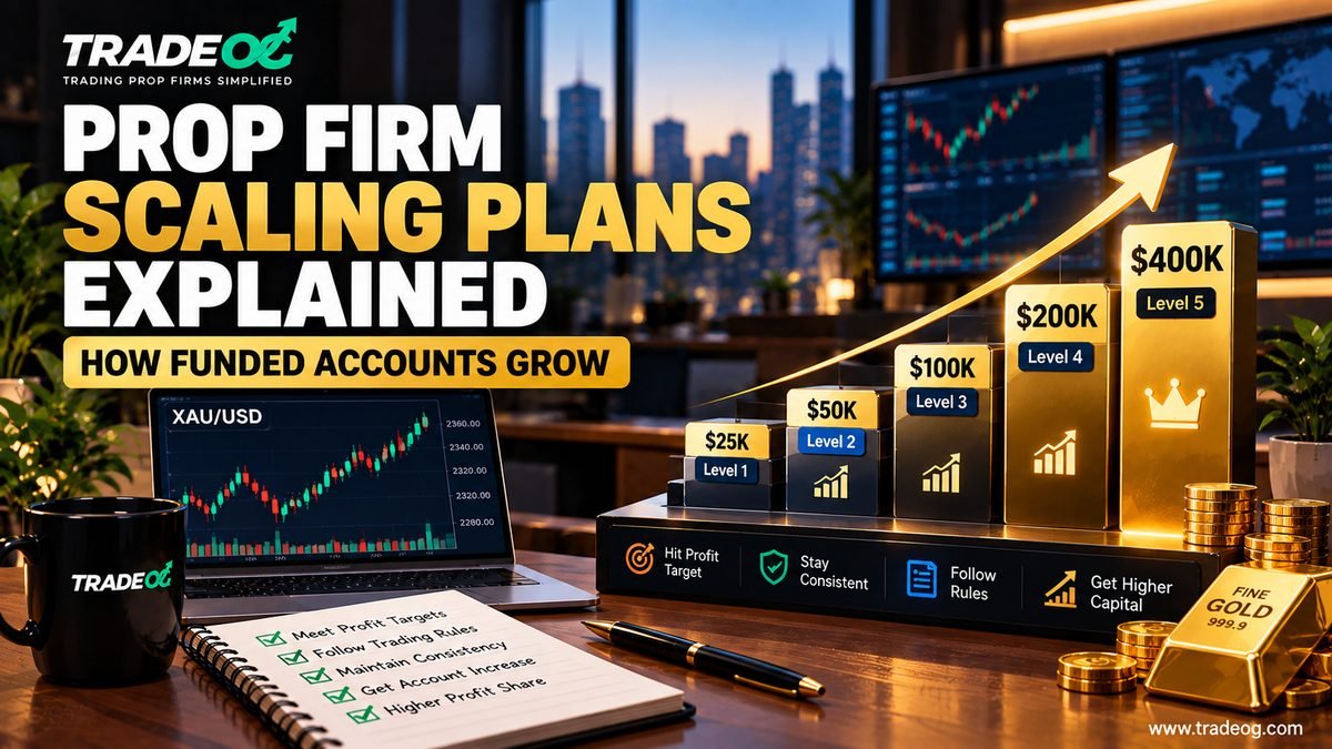 Prop firm scaling plans explained showing funded account growth from smaller to larger capital levels