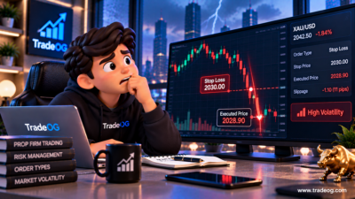 3D illustration showing a prop trader, stop loss and slippage during volatile markets