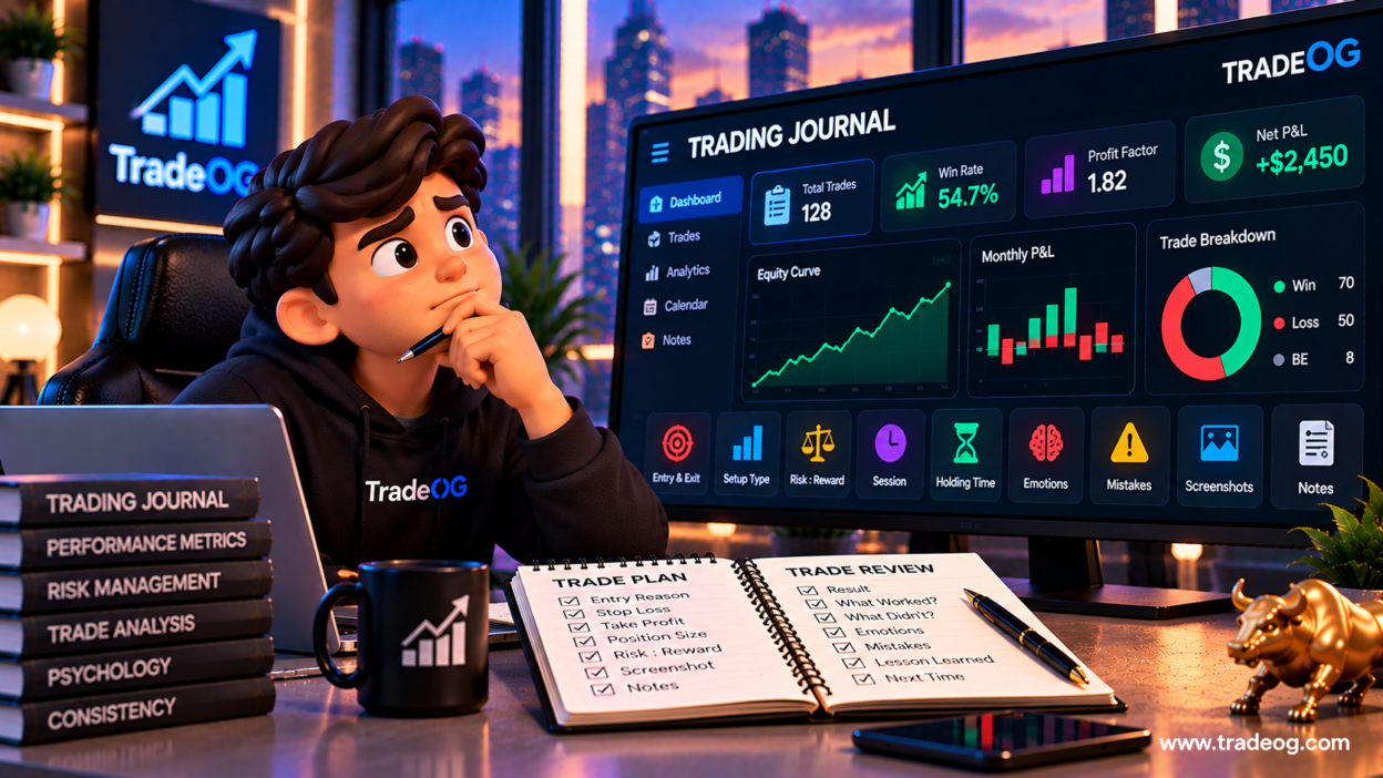 3D illustration showing a prop firm trading journal and key performance metrics