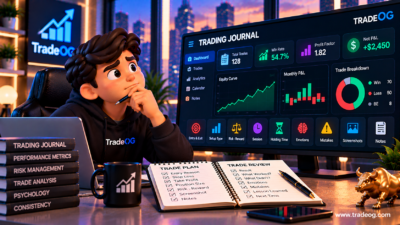 3D illustration showing a prop firm trading journal and key performance metrics