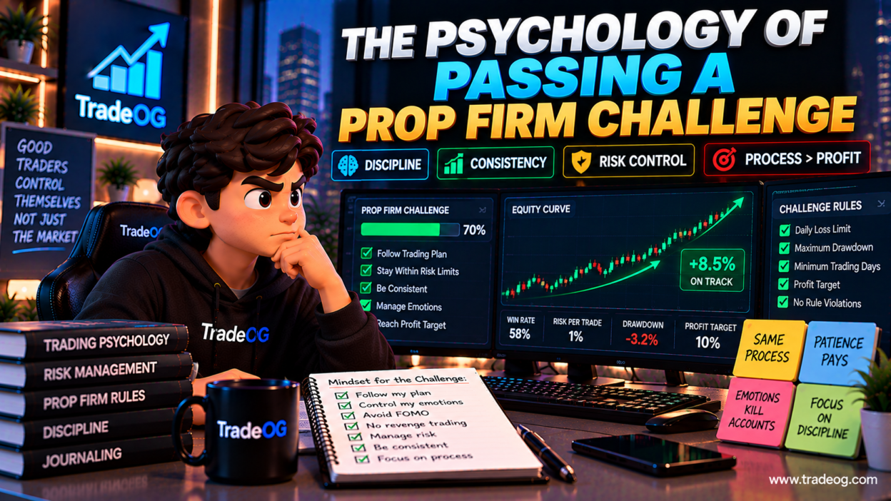 3D illustration showing a trader using discipline, consistency and risk control to pass a prop firm challenge