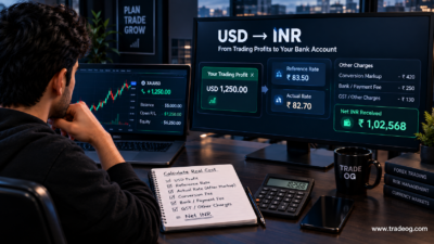 Indian trader calculating the real cost of converting USD trading profits into INR after exchange rate spread and fees