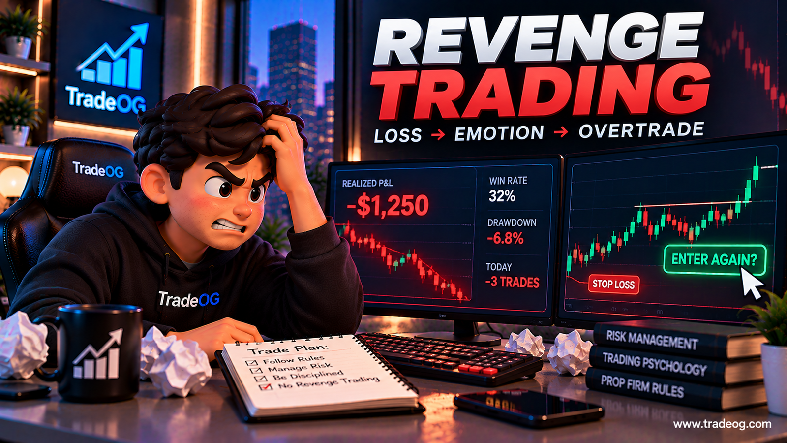 3D illustration showing a prop trader experiencing revenge trading after a loss