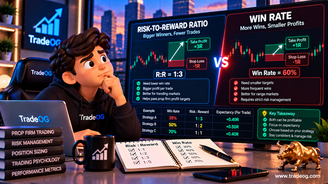 3D illustration comparing risk-to-reward ratio and win rate in prop trading