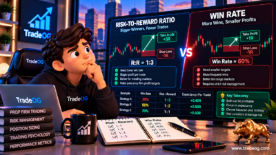 3D illustration comparing risk-to-reward ratio and win rate in prop trading