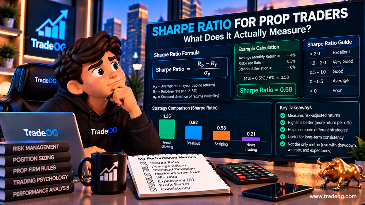 3D illustration explaining Sharpe ratio for prop traders and risk adjusted returns