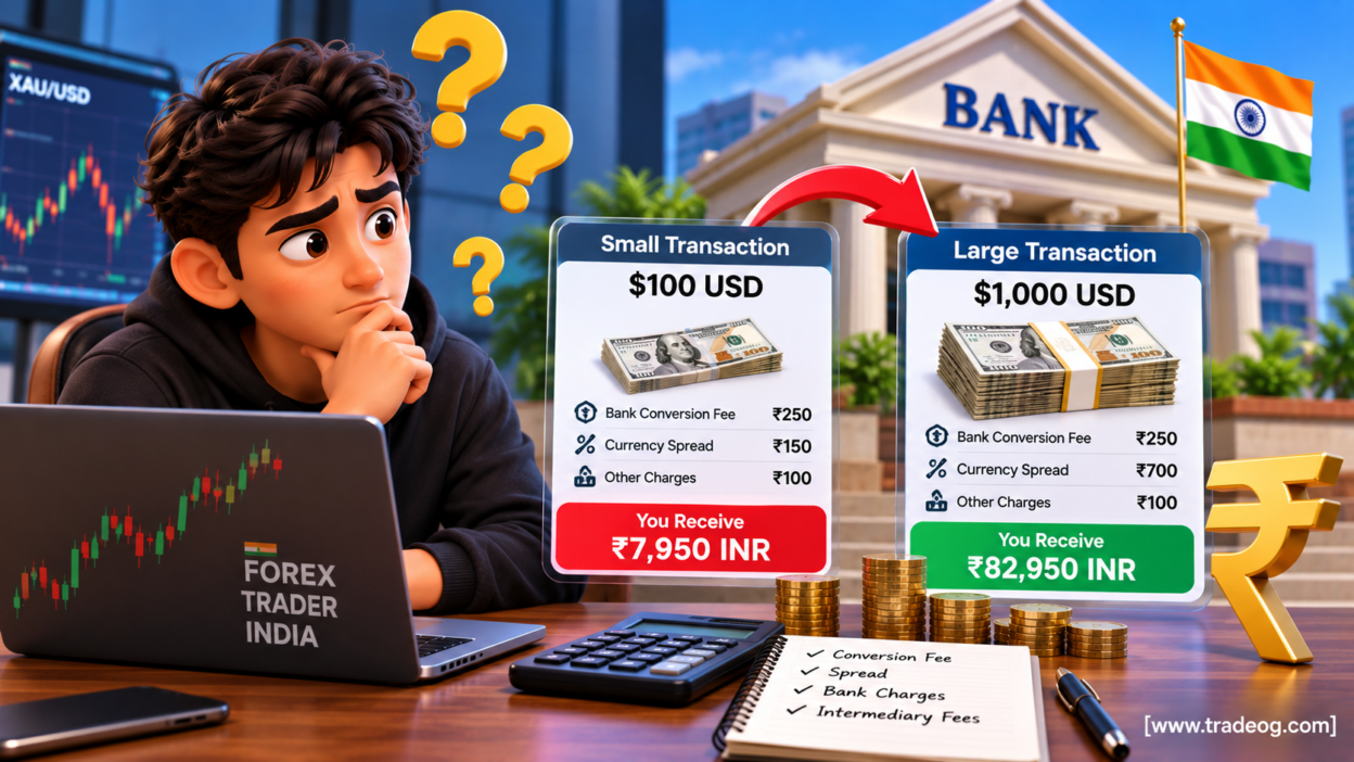 Indian forex trader comparing the higher impact of currency conversion fees on small USD transactions converted into INR