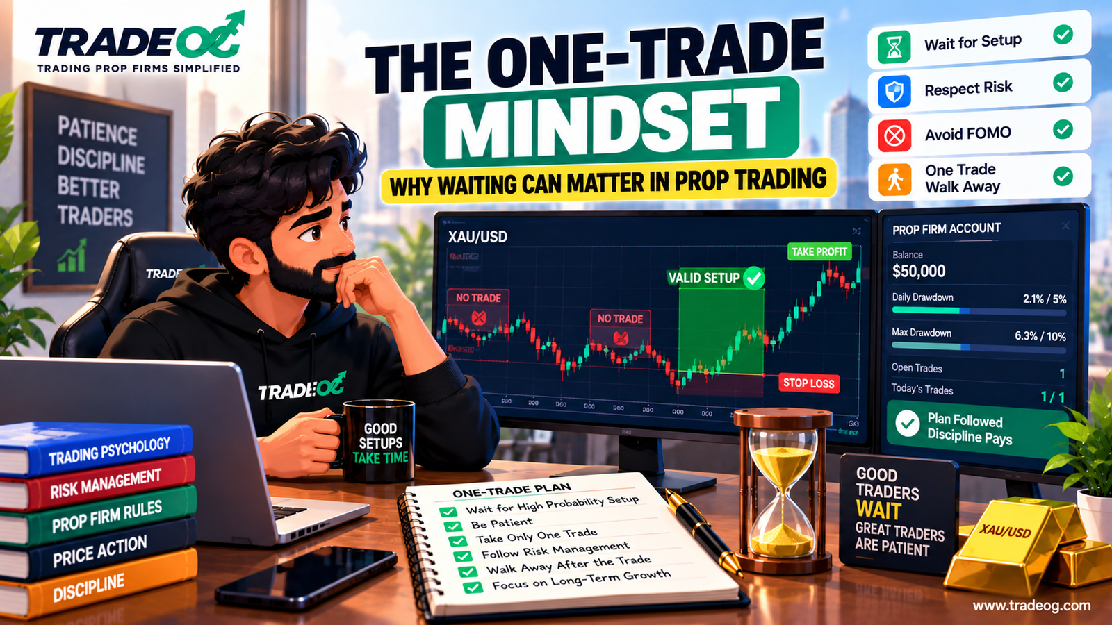 The one-trade mindset showing patience, waiting for a valid setup and risk management in prop trading