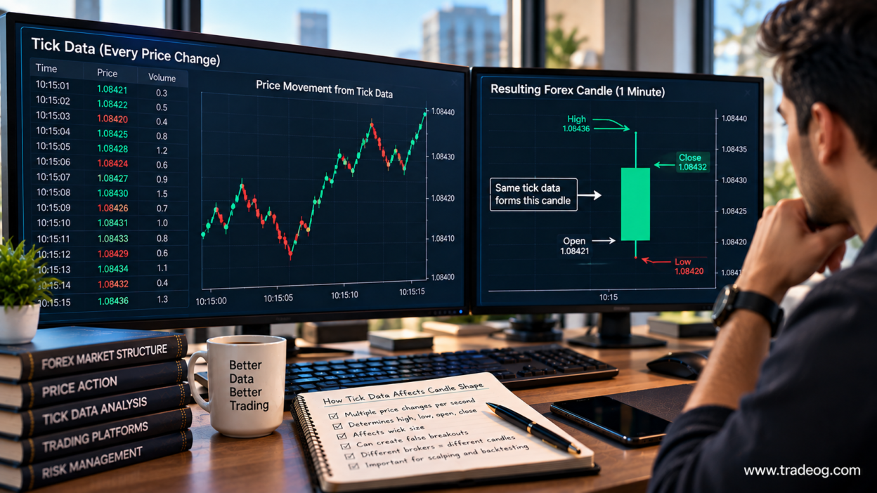 Realistic forex trading setup showing tick data forming a one-minute candle with open high low and close