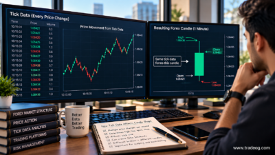 Realistic forex trading setup showing tick data forming a one-minute candle with open high low and close
