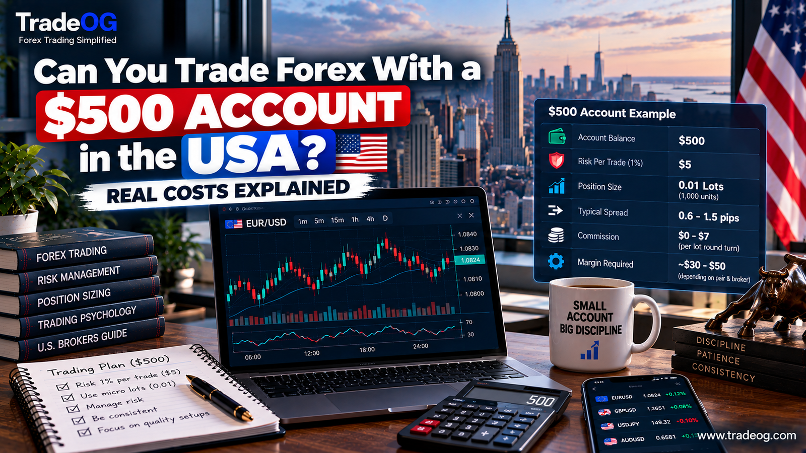 Can you trade forex with a $500 account in the USA showing risk, position size, spread, commission and margin examples
