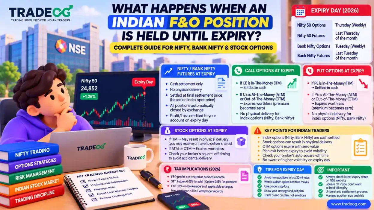 3D pastel TradeOG infographic explaining what happens when an Indian F&O position is held until expiry