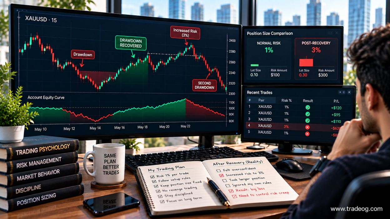 Realistic XAU/USD trading workspace showing increased risk after recovering from a drawdown